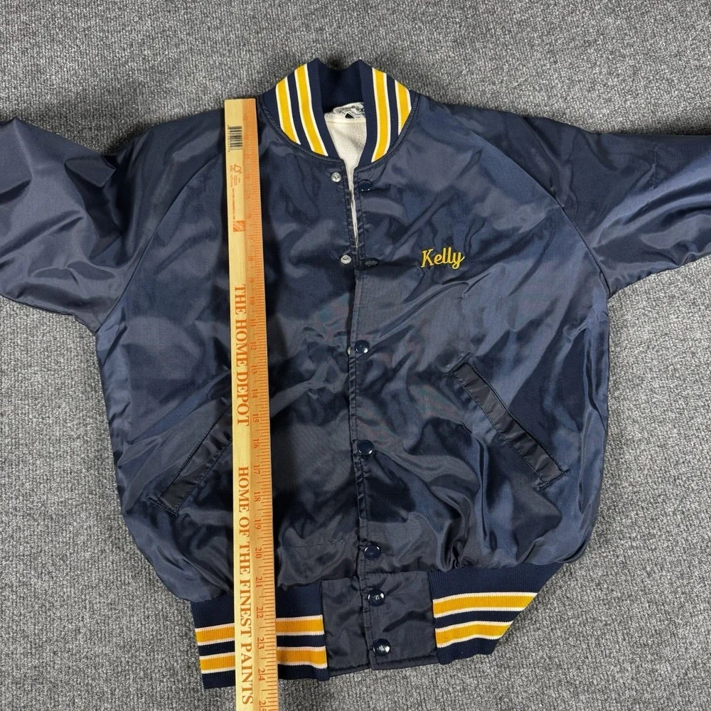 Vintage Gull Lake Michigan Navy‎ Blue Satin Bomber Jacket S 70s 80s Varsity